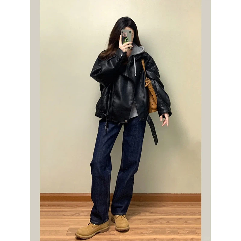 深蓝牛仔裤女2024年秋冬新款高腰显瘦宽松裤子休闲直筒裤阔腿裤