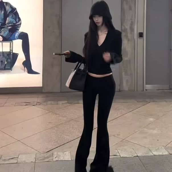 2025春季新款时尚套装修身百搭洋气显瘦长袖V领上衣阔腿长裤套装