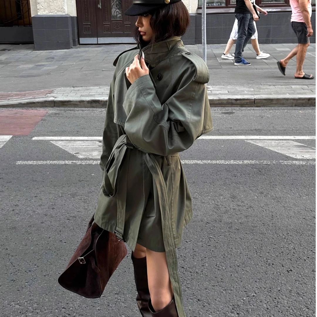 都市旅人绿色风衣秋束腰高个子休闲气质长款大衣外套
