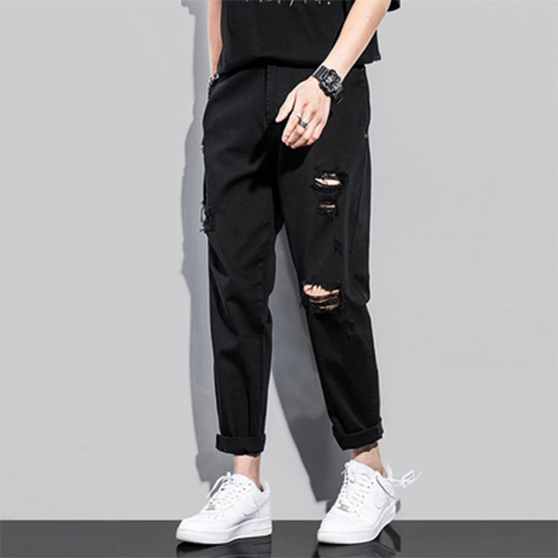 仓石一树牛仔裤夏季男士宽松直筒九分裤休闲破洞潮流薄款百搭纯色