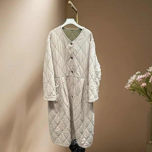 亚麻炒色圆领掐褶长款棉服（衣长118，胸围136CM)保暖冬季时尚宽松