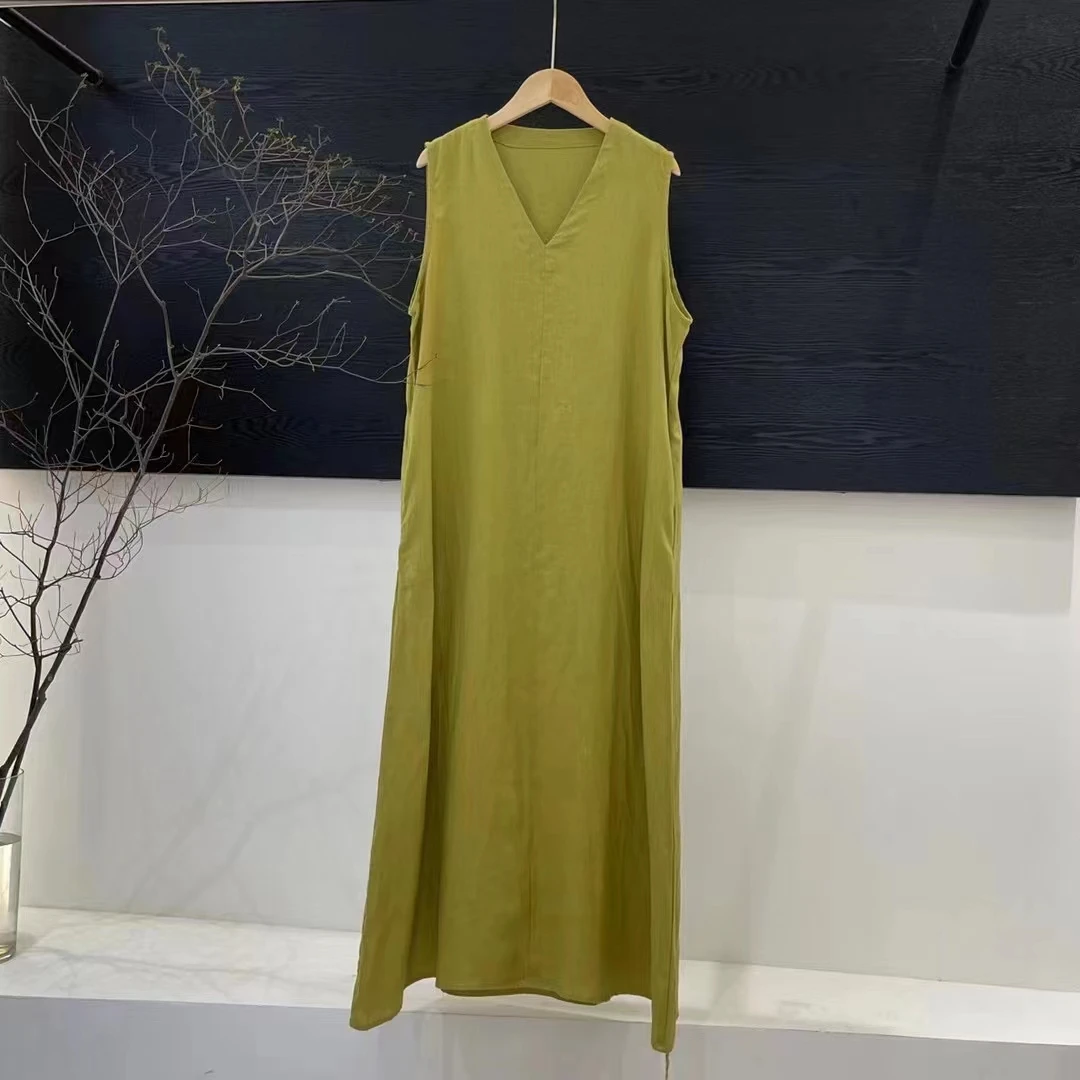 亚麻V领极简风女装连衣裙（衣长125，胸围105CM）