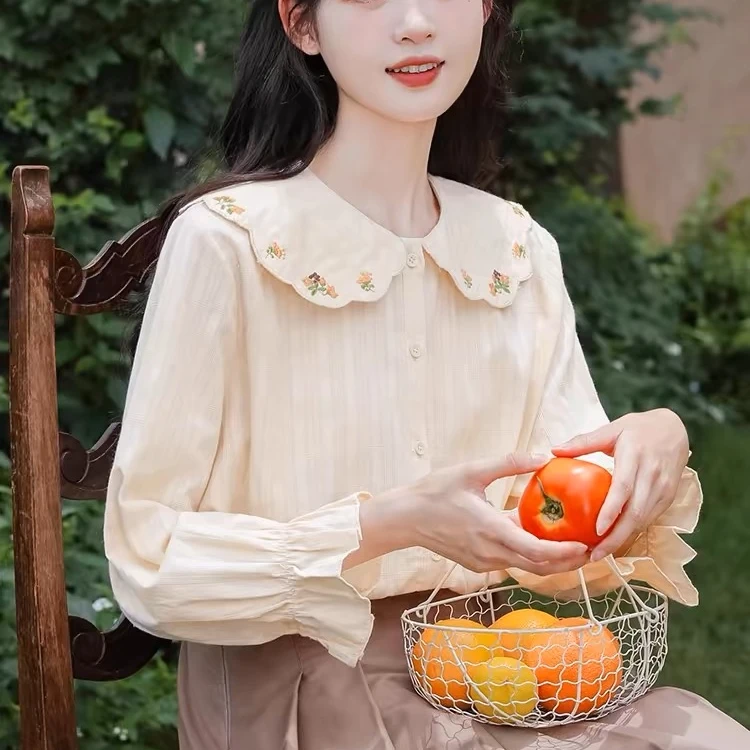 【婷哥微胖】日系可爱娃娃领衬衫女薄款宽松甜美长袖衬衣TGW41320