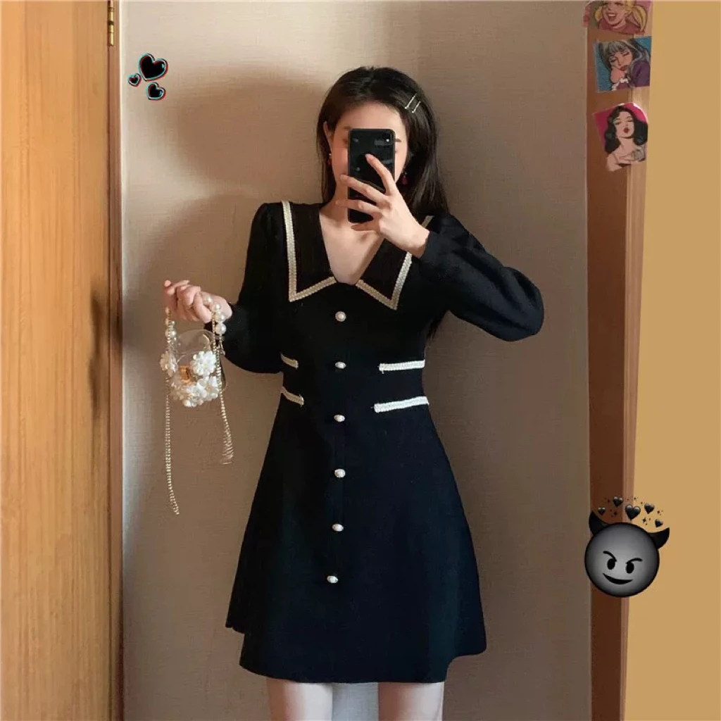 【玲胖胖 英式典雅】秋款气质小香风撞色翻领大码连衣裙LPP61371