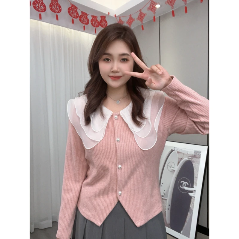 【 婷哥定制 樱花之羽】娃娃领大码针织上衣TG40429