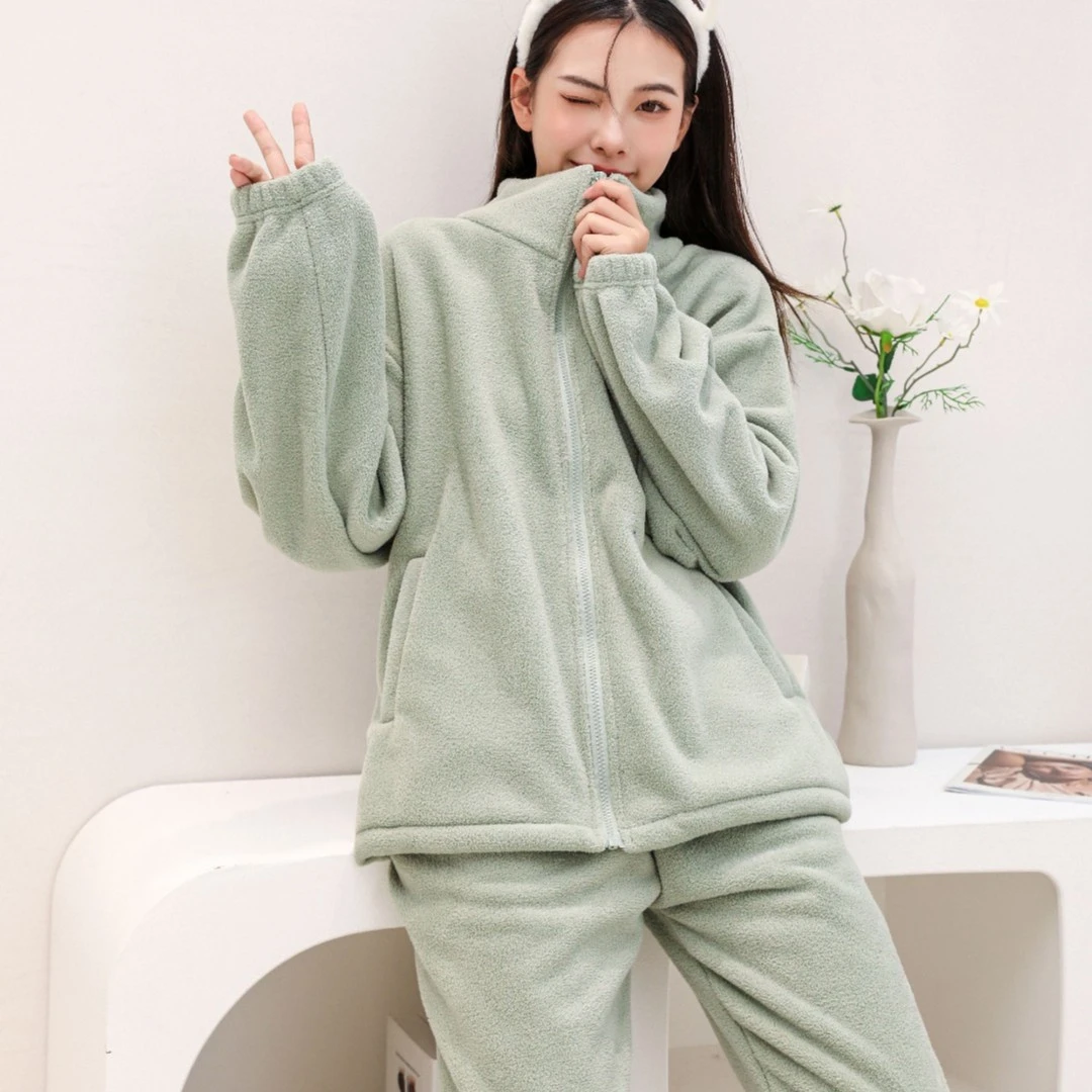 秋冬外穿雪粒绒情侣家居服套装加绒加厚运动休闲甜美可爱睡衣时尚