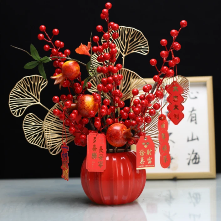 仿真干花石榴红浆果家庭客厅办公桌面电视柜摆件套餐