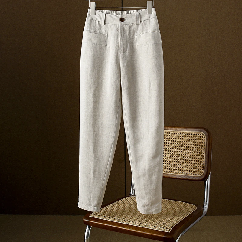 2023年夏季新款亚麻裤女薄款哈伦高腰显瘦冰丝小脚九分裤杏色裤子