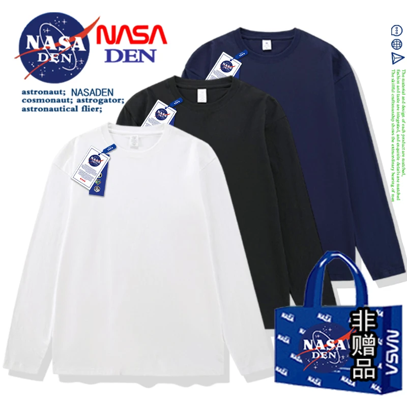 NASA联名通勤风宽松百搭秋冬季纯棉T恤简约纯色男女款内搭上衣