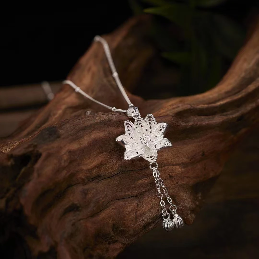 坠链均足银 足银990莲蓬流苏项链女两世欢荷花吊坠新中式