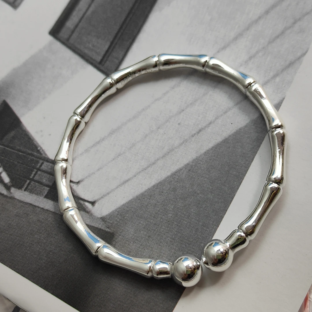 足银手镯 素圈手工时尚经典实心节节高升竹节光珠亮面球头手镯