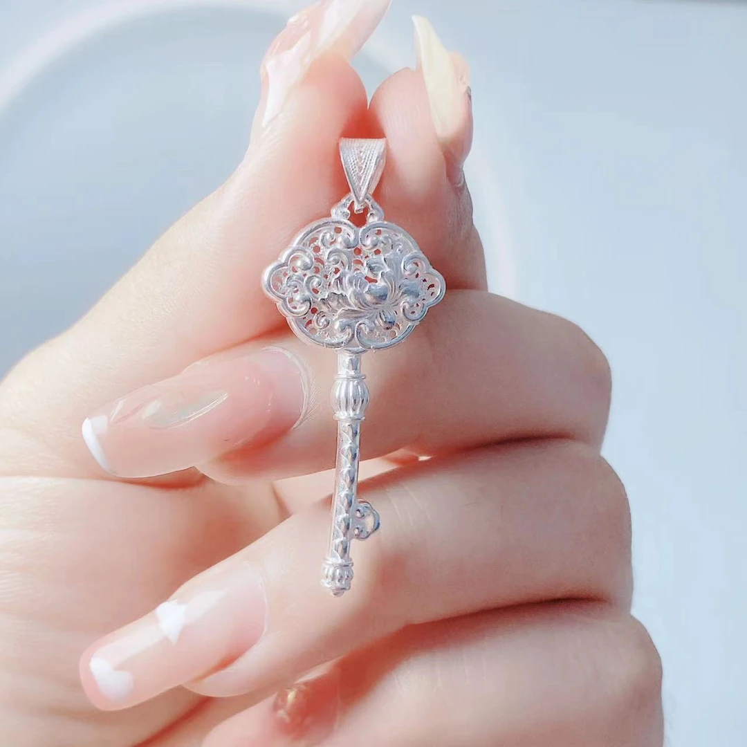 吊坠足银 银饰手工纯银钥匙吊坠单面钥匙项链颈链坠子百搭送礼