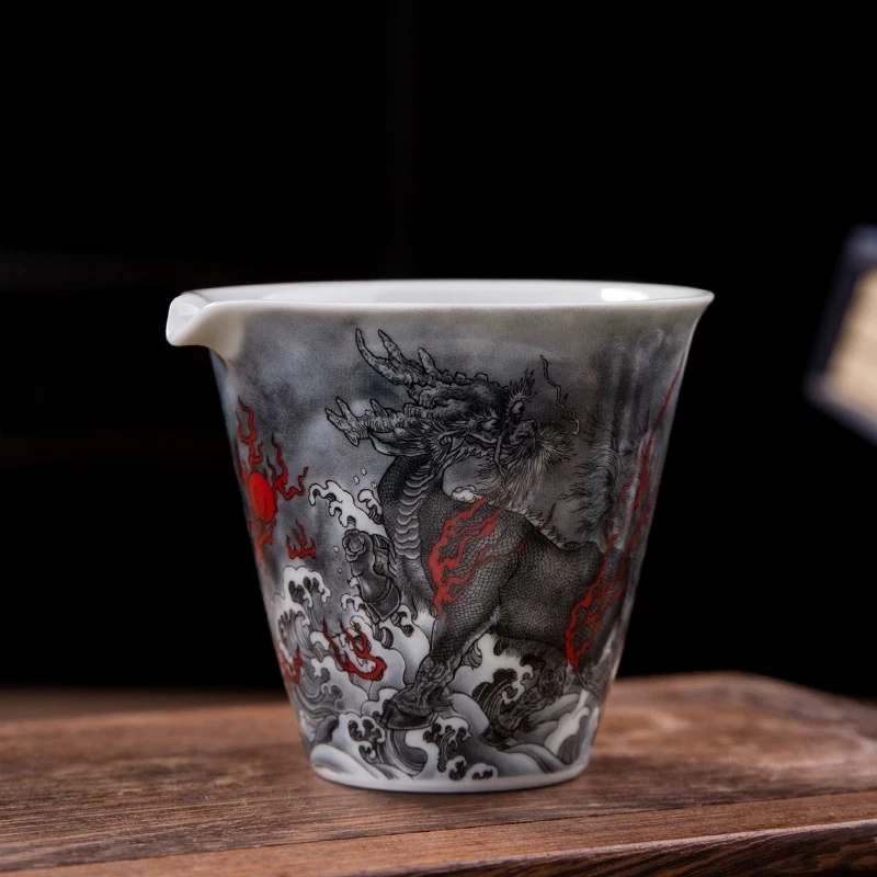 景德镇陶瓷仿古泥  墨彩麒麟踏浪公道杯茶漏高温瓷釉下彩手工茶具