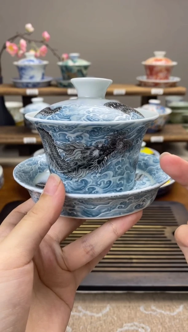 【闪购商品】碧海观潮墨龙游海马蹄盖碗