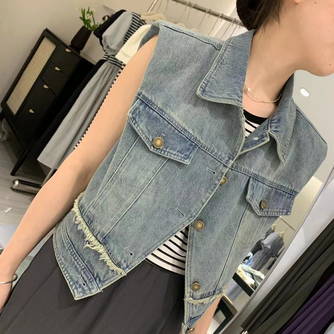 复古毛边垫肩牛仔马甲外套女短款设计感春夏新款宽松叠穿背心外套