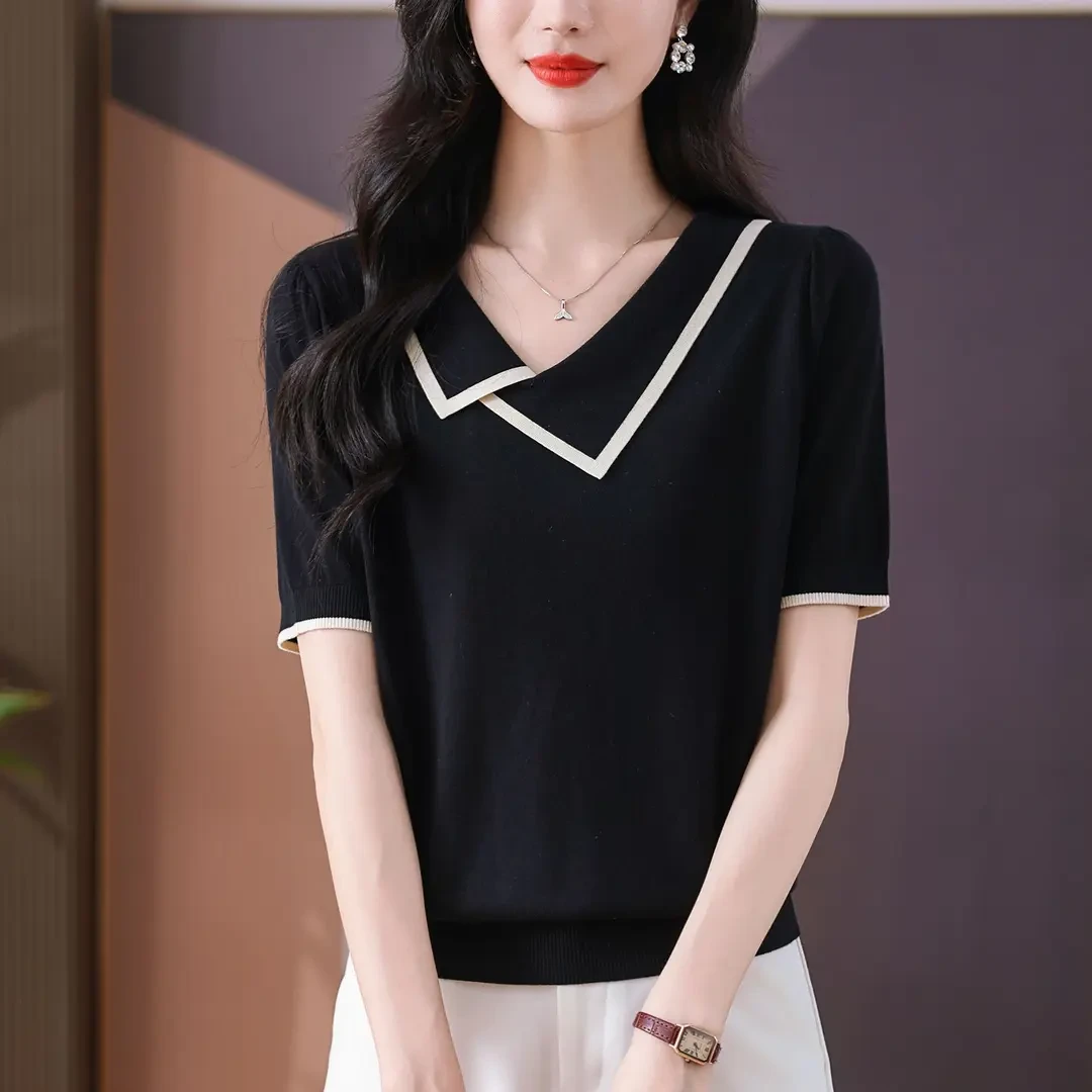 清凉夏季新款女士方领时尚黑色洋气薄款半袖拼色休闲显瘦气质上衣