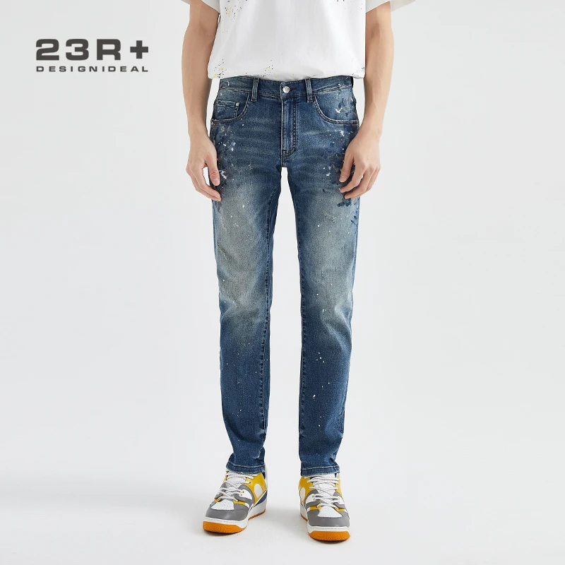 23R+【春款上新】手工泼墨破洞怀旧洗水牛仔裤男款蓝色RM2123165