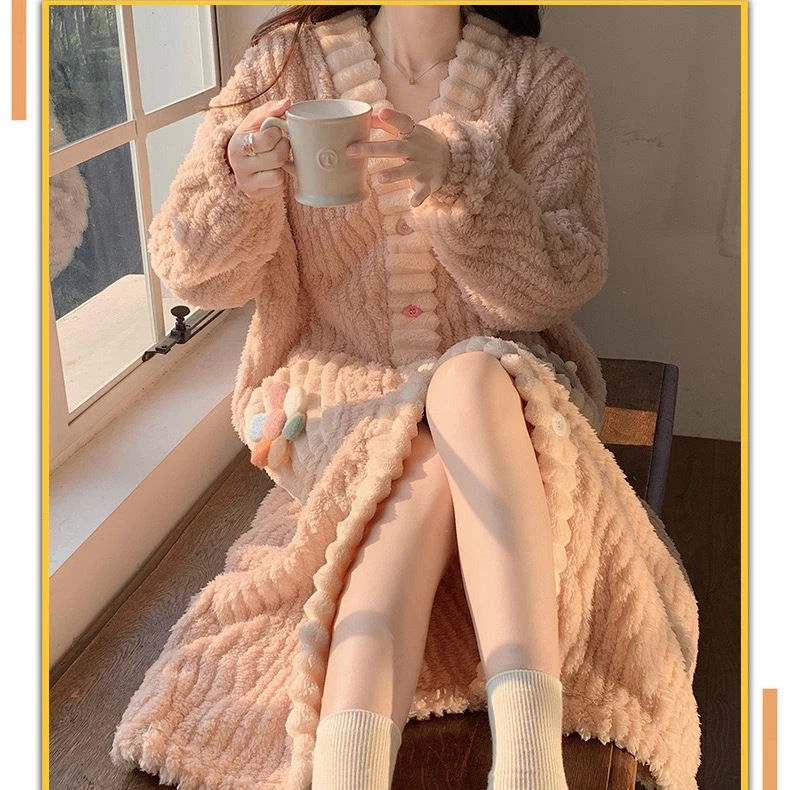 彩虹睡袍秋冬法兰绒开衫睡衣女士加厚保暖甜美长款慵懒家居服睡裙