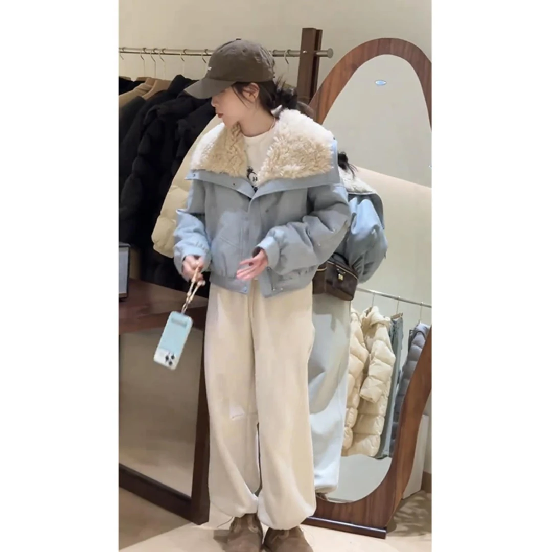 【莱茵河畔】冬款韩版休闲毛毛大翻领夹棉加厚保暖短外套女夹克上衣