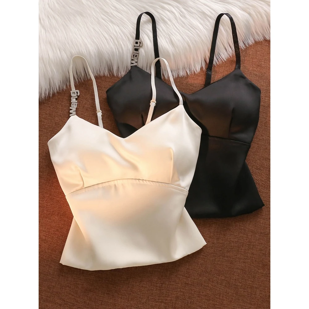 缎面吊带背心女打底夏外穿带胸垫设计感高档西装内搭短款抹胸上衣