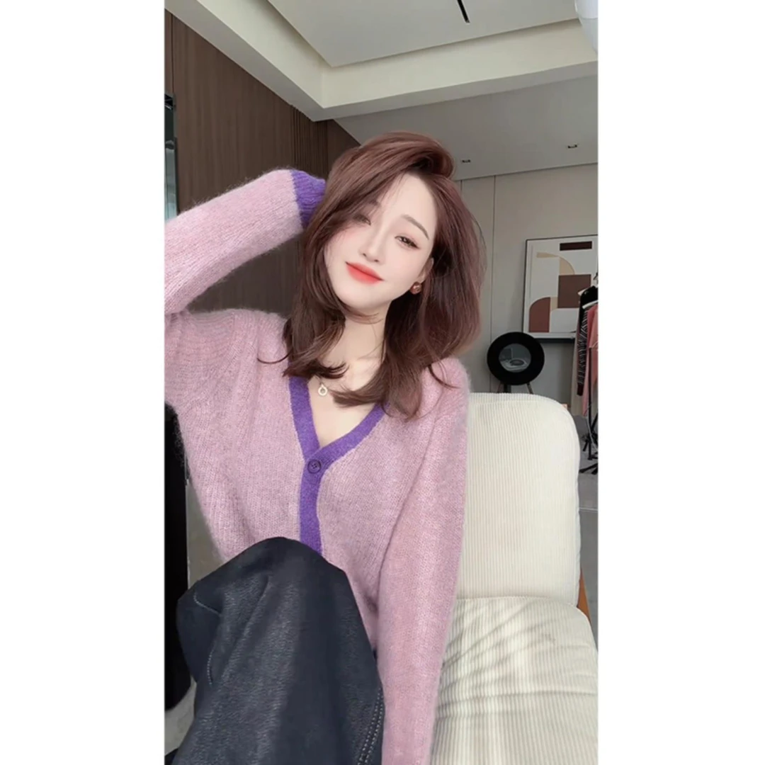 【CHEN】 时尚拼色减龄马海毛毛衣慵懒宽松显瘦长袖针织衫温柔v领女