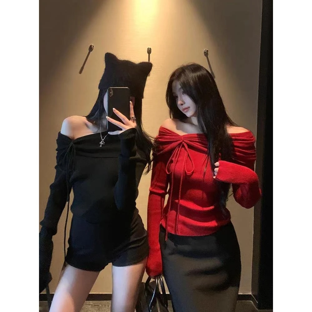 区区【撩心辣妹】一字肩针织衫秋冬气质修身辣妹显瘦氛围感圣诞上衣