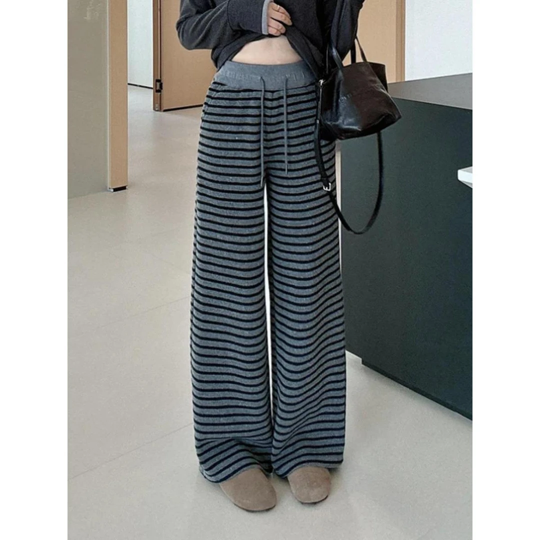 秋冬加厚加绒高腰宽松显瘦条纹拖地长裤休闲裤女加厚直筒拖地长裤
