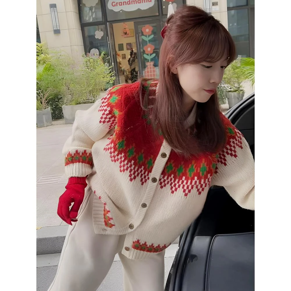 自留款！圣诞款氛围感费尔岛复古撞色针织开衫慵懒风长袖宽松上衣