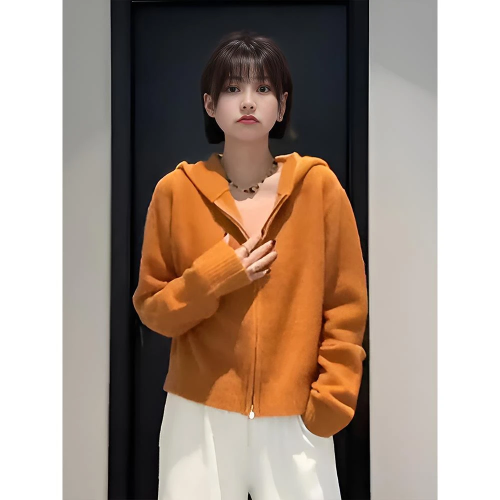 JU【油画栀子】通勤百搭简约拉链连帽针织衫慵懒风休闲时尚带帽上衣