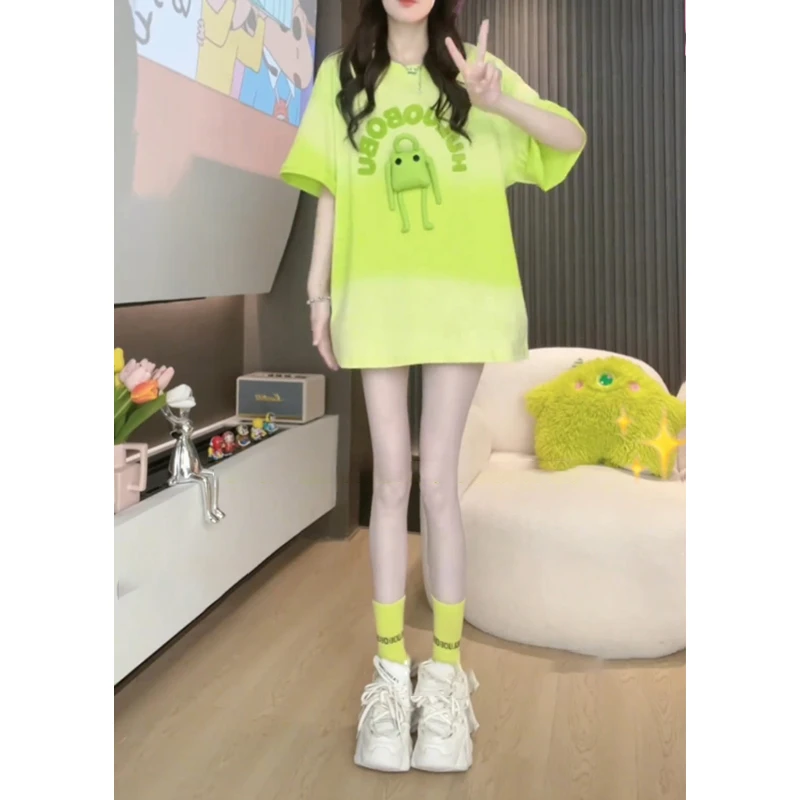 立体小人渐变短袖T恤夏季新款oversize时尚潮牌女主角女装衣服