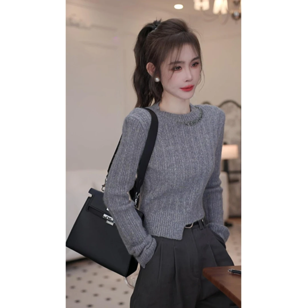 【戚高级定制】气质减龄时尚设计感重工钉钻毛衣时尚气质修身针织衫