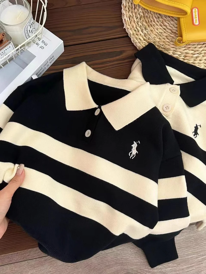 春季秋冬新品洋气儿童穿搭翻领条纹毛衣男童女童休闲毛衣polo衫
