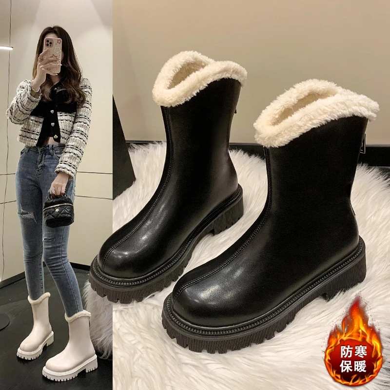 新款瑞小众厚底马丁靴女鞋2023年新款秋冬季加绒加棉鞋雪地靴短靴