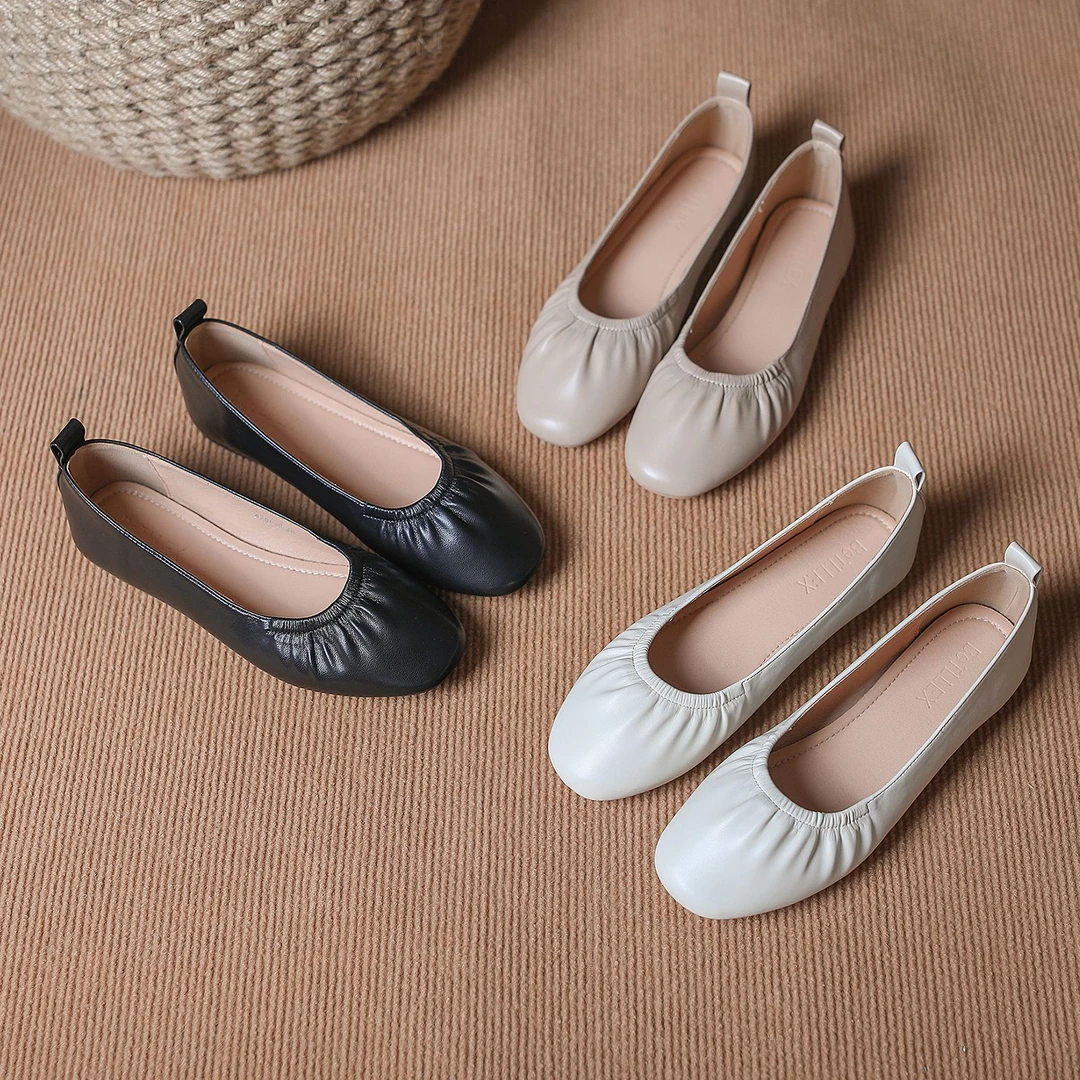 [真皮牛皮] 时尚百搭豆豆单鞋女玛丽珍平底奶奶鞋软皮软底工作鞋