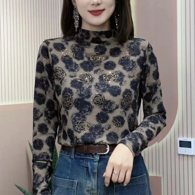 秋冬新款半高领碎花烫钻显瘦百搭上衣时尚弹力气质洋气高档小衫女