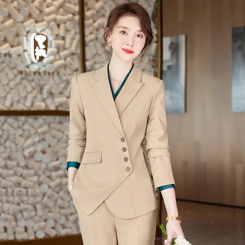 卡其色西装套装酒店前台经理工作服公务员面试艺考播音主持人正装