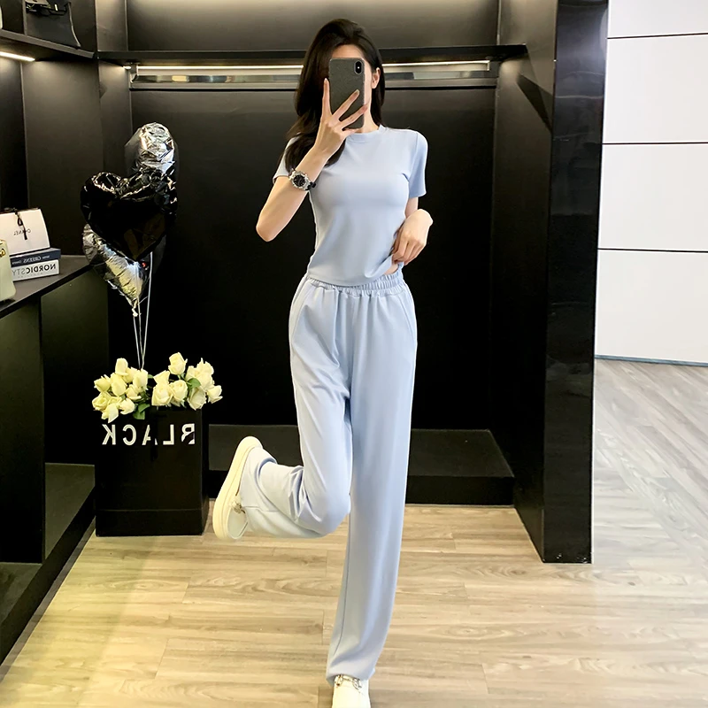 夏季新款纯色运动休闲套装女时尚减龄气质网红短袖阔腿裤两件套