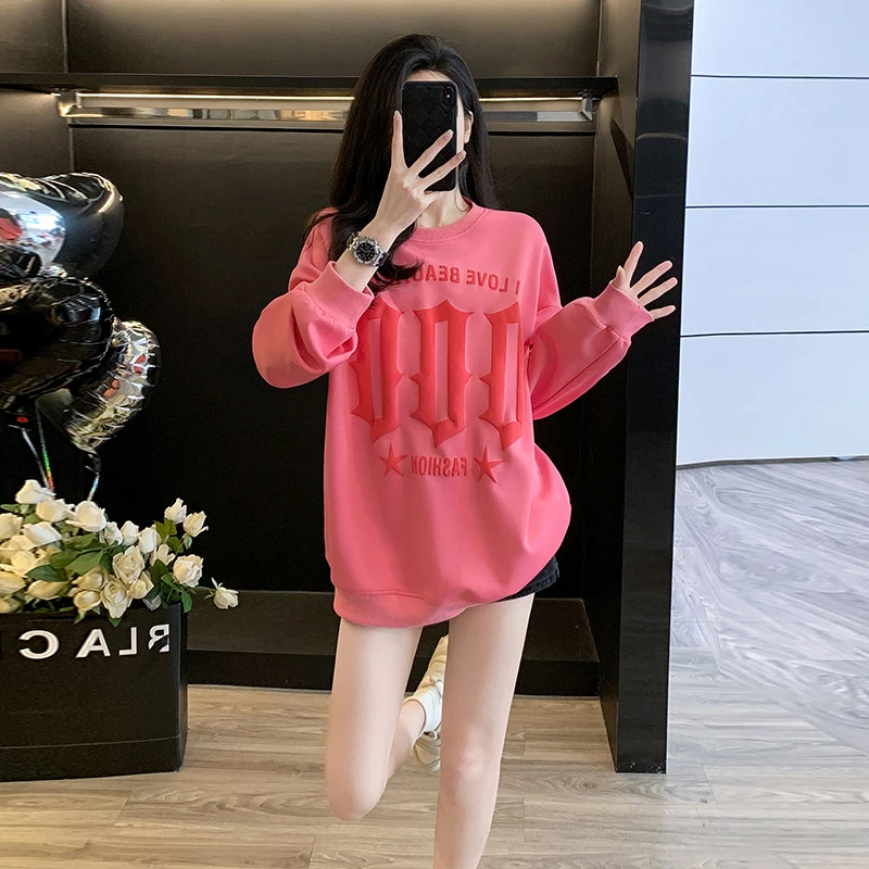 时尚粉色字母上衣女秋冬新款小众宽松显瘦气质圆领卫衣潮女士