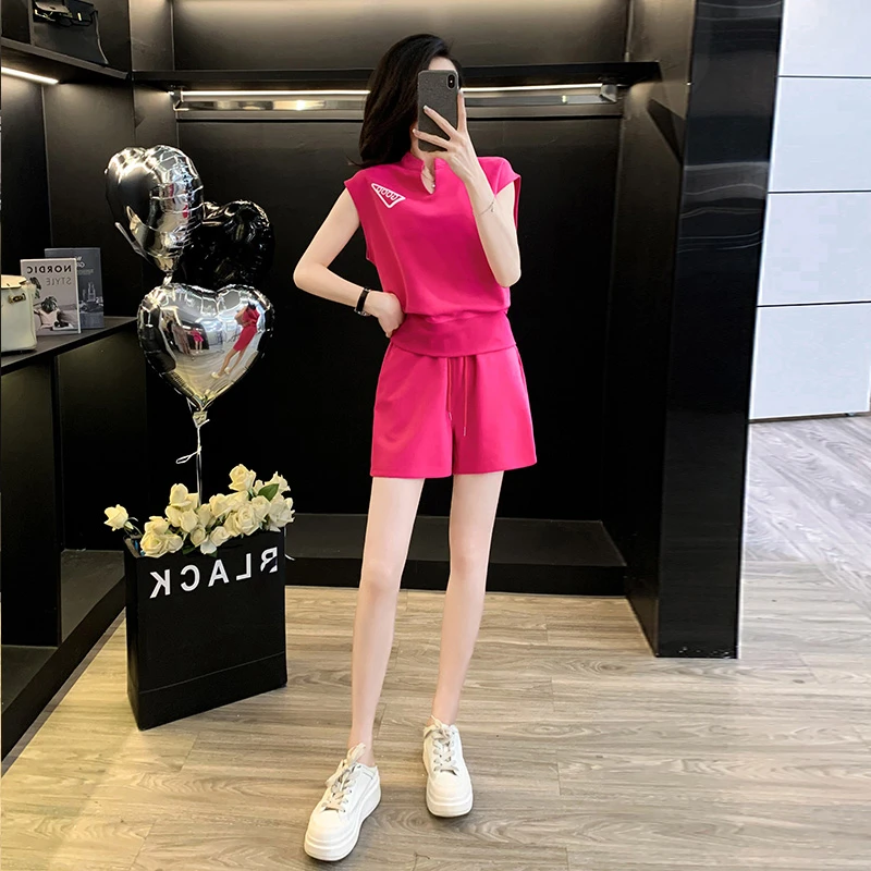 网红炸街小个子夏季爆款时尚减龄玫红色短袖短裤运动休闲套装女