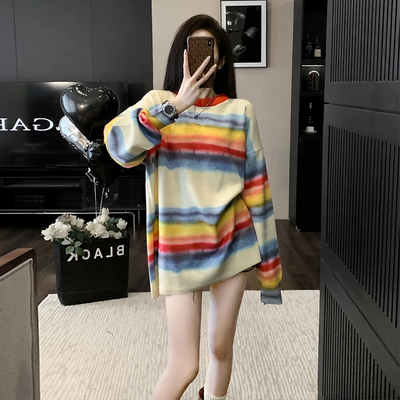 时尚慵懒风复古撞色彩虹套头毛衣外套秋冬宽松慵懒软糯单件上衣女