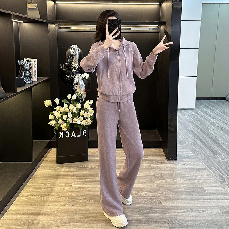 秋冬新款盐系穿搭休闲运动套装时尚减龄开衫外套上衣阔腿裤两件套