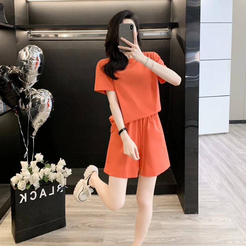 网红爆款运动休闲套装2025年夏季新款橘红色短袖短裤两件套潮