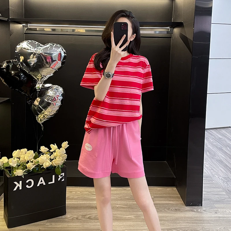 夏季新款运动休闲套装女时尚减龄条纹短袖上衣粉色短裤两件套潮