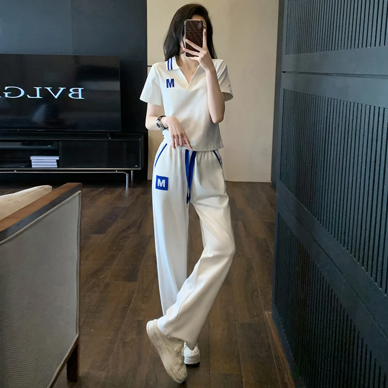 2025年夏季新款网红炸街运动休闲套装女时尚白色上衣裤子两件套潮