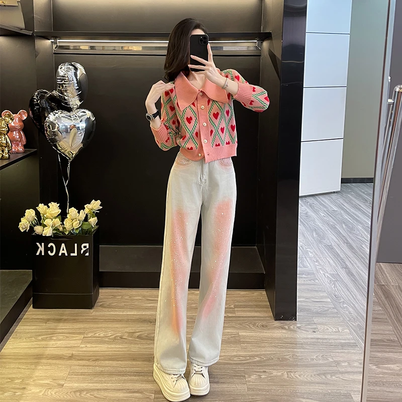 秋冬2025新款时尚休闲套装女长袖针织开衫高腰牛仔长裤减龄两件套