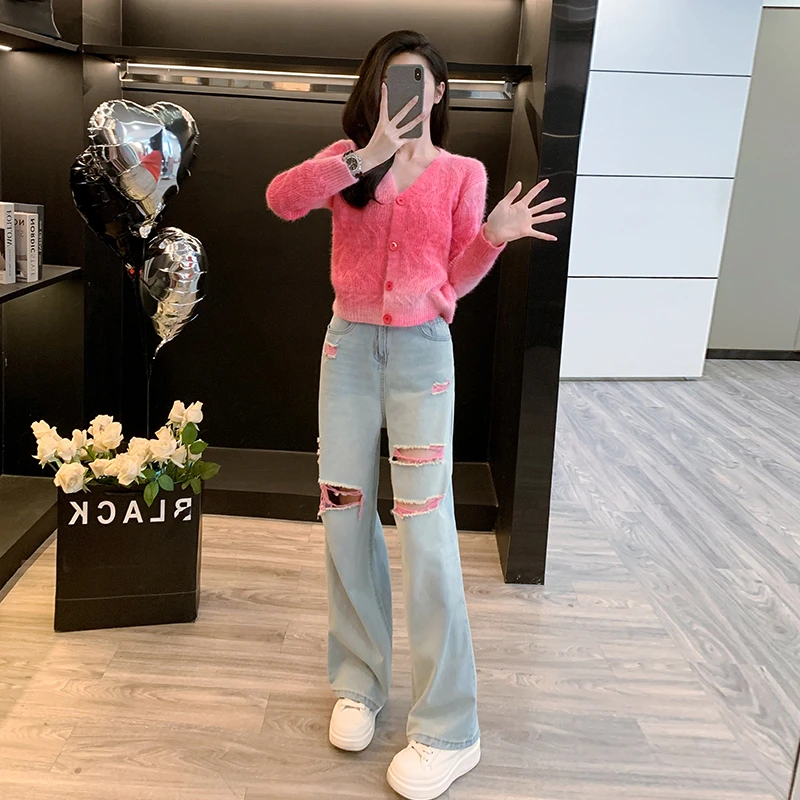 粉色甜美V领开衫针织毛衣破洞牛仔裤套装女春秋季新款时尚两件套
