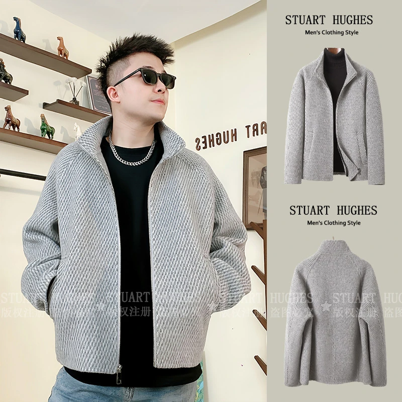 STUART秋冬保暖宽松扩版羊毛外套双面呢立领拉链加厚毛呢百搭男士