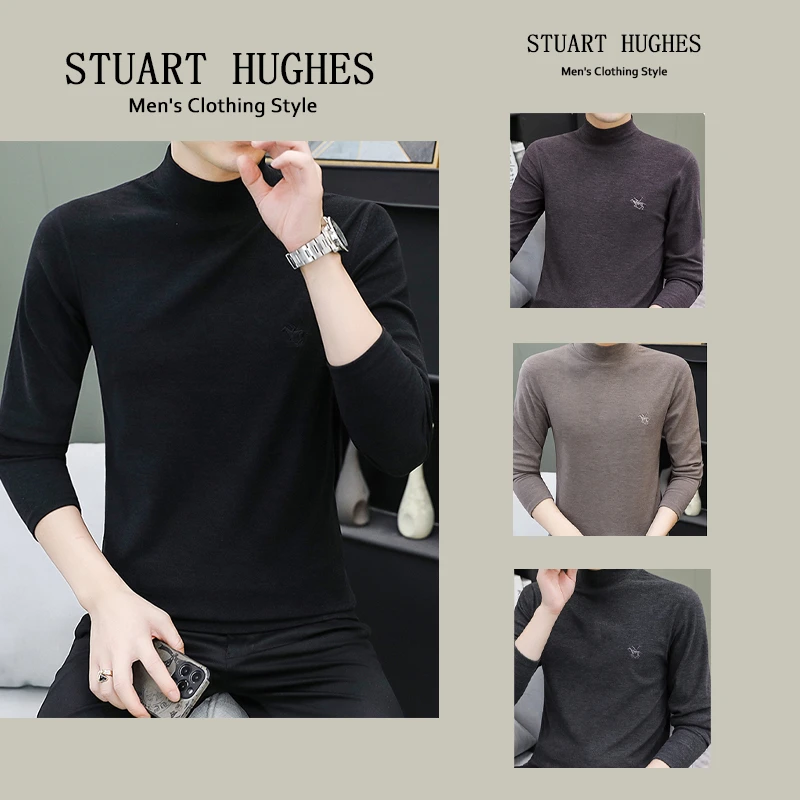 春秋薄款半高领拜尔德绒内搭长袖男士修身百搭中领纯色纯色长袖