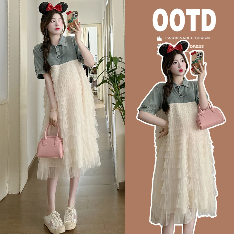 辣妈洋气孕妇装夏装连衣裙牛仔拼接网纱气质显瘦孕期甜美仙蛋糕裙