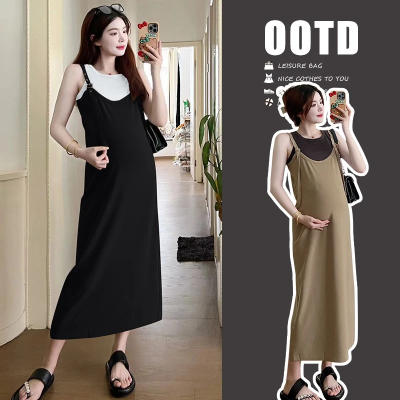 孕妇装夏装连衣裙时尚高级感简约纯色打底T恤上衣吊带裙子两件套